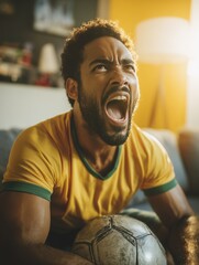 Brazilian football fan shouting during goal at home wearing yellow jersey