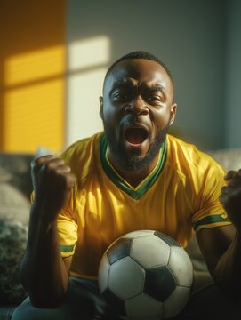 Brazilian football fan cheering during win at home wearing yellow jersey
