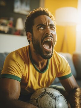 Brazilian football fan shouting during goal at home wearing yellow jersey