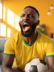 Brazilian football fan reacting during victory indoors wearing yellow jersey