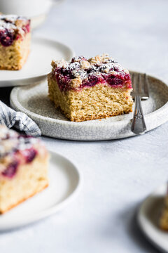 A piece of berry crumb cake with powdered sugar on a textured plate, accompanied by a fork.