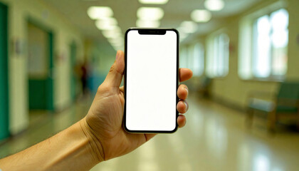 Primer plano de manos jóvenes sosteniendo un smartphone moderno con pantalla blanca brillante