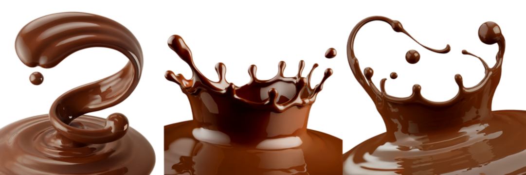 Delicious chocolate liquid splashing dynamic brown sweet food on transparent background