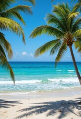 Obraz premium Surfing day at a sunny beach with clear blue water and swaying palm trees in a tropical paradise