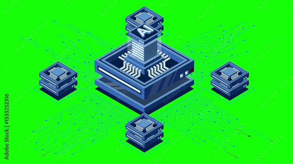 Poster isometric artificial intelligence chip animation. artificial intelligence concept. futuristic microc