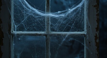 Close-up of an old window adorned with intricate spiderwebs and water droplets in a dimly lit room, showcasing a haunting ambiance.