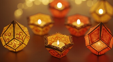 A composition of decorative lanterns, featuring intricate designs and soft warm colors, illuminated by flickering candles, against a soft bokeh background of fairy lights