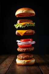 a deconstructed burger with its ingredients floating in mid-air. The ingredients include a bun, a sausage patty, sliced tomatoes, onion, lettuce, cheese, and another bun.