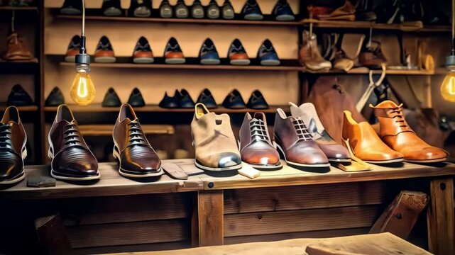 Elegant brown leather shoe displayed in a vintage style footwear store with shelves full of footwear in the background.