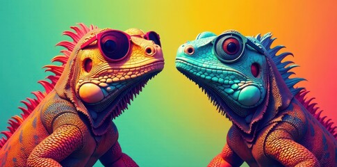 Fototapeta premium Vibrant iguanas in sunglasses, pop art style, bold colors , background, bold