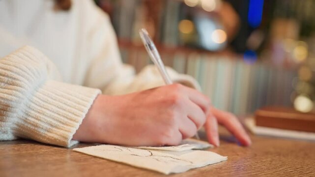 Close up of person in white sweater sketching simple black line design with pen on soft tissue paper laid on rustic wooden table, soft blur background