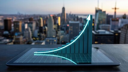 A blue bar graph with an arrow on a tablet with a city skyline in the background at dusk or dawn time