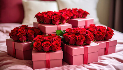 Beautiful arrangement of pink boxes filled with vibrant red roses creates romantic and elegant display, perfect for special occasions or heartfelt gifts