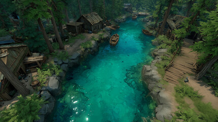 Peaceful river with wooden boats and forest cabins in wilderness