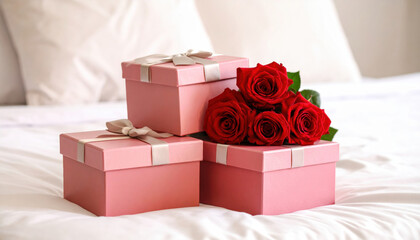 Delicate pink boxes cradle vibrant red roses, creating charming display that evokes feelings of love and celebration. This arrangement is perfect for special occasions