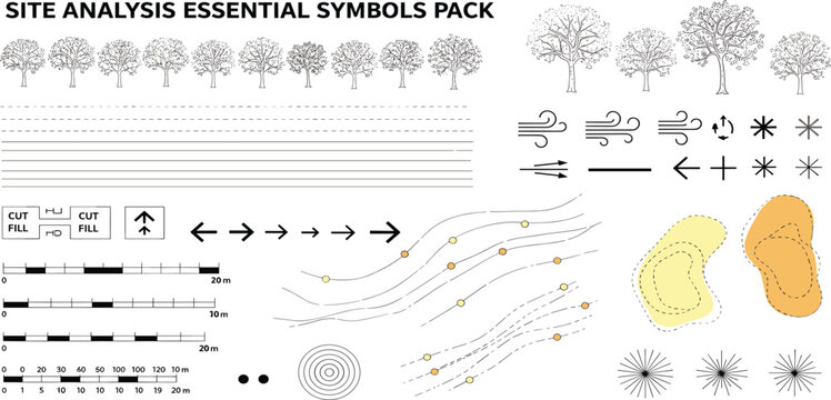 landscape architecture site analysis symbol icon element drawing graphic flat isolated vector. urban design element drawing