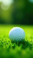 Fototapeta premium Close-up of golf ball resting on lush green grass , approach, competition, fairway