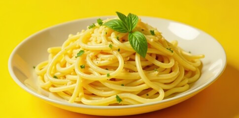 Creamy butter garlic spaghetti on vibrant yellow background, foodie, macro
