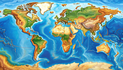 Detailed map of world showcases Earth intricate crust, revealing layers of minerals and geographical features high fidelity. This vibrant representation highlights continents, oceans