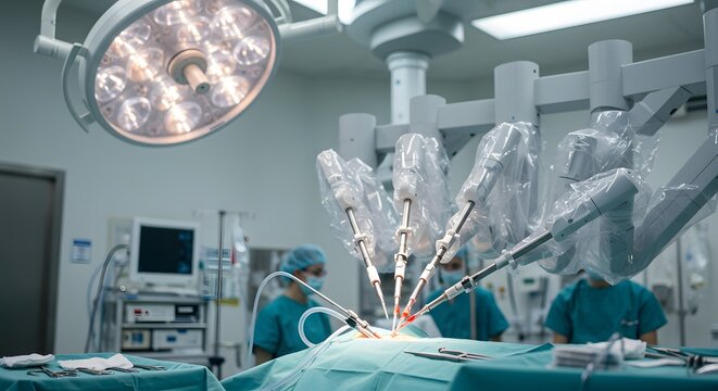 Surgical precision: a cutting-edge operating room setting where skilled medical professionals collaborate with advanced robotic surgical tools.