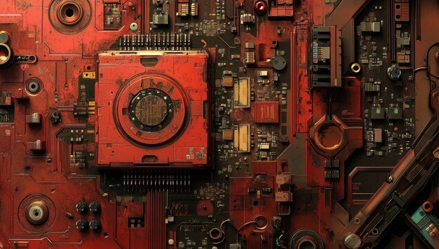 Close-up of a detailed circuit board, featuring a central red square component with aged, oxidized details.  Red, copper, and dark brown components are visible throughout the image