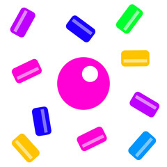Colorful geometric shapes arranged in a dynamic pattern create a playful visual design on a white background