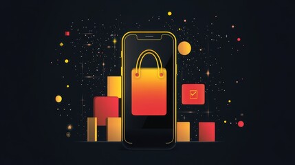 A mobile phone featuring online shopping and related graphic elements