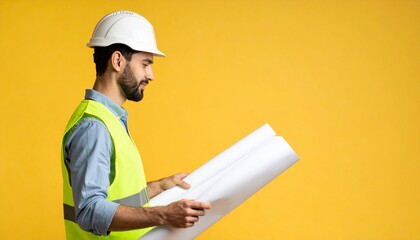 Contemplative construction worker studies blueprints