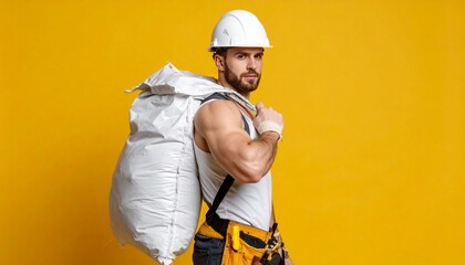Muscular worker carrying heavy sack