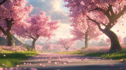 A Pathway Through Blooming Trees Showcasing Delicate Pink Blossoms Gently Falling
