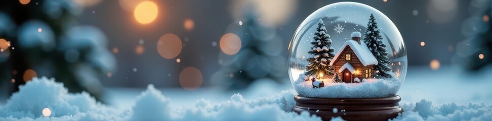 Miniature snow-covered village inside a glass globe against a sparkling bokeh , snowy, christmas