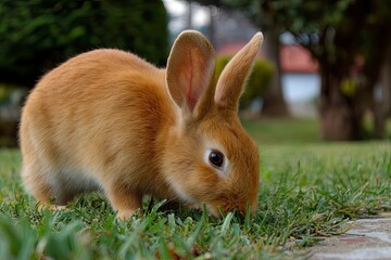 orange rabbit in the garden yard eating grass