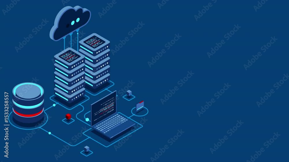 Fototapete Cloud technology computing animation. Modern cloud technology. Data center isometric concept. Isometric cloud technology with datacenter. Web hosting concept. 4K video animated in isometric style