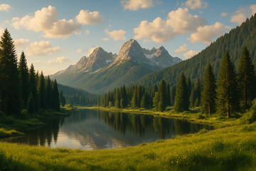 Stunning mountain scenery with serene lake reflection surrounded by dense pine forests under golden sunset light.