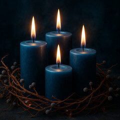 Glowing candles with natural twigs in calm ambiance, symbolizing warmth, peace, and seasonal celebration.