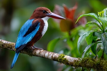 Close-up of a white-necked kingfisher with bright blue wings perched on a branch in its natural habitat