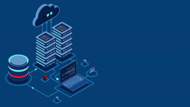 Cloud technology computing animation. Modern cloud technology. Data center isometric concept. Isometric cloud technology with datacenter. Web hosting concept. 4K video animated in isometric style - Powered by Adobe