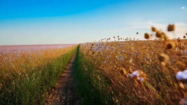 Blooming flax flowers and seed heads glowing in warm evening light in a field under a clear blue sky, summer meadow
