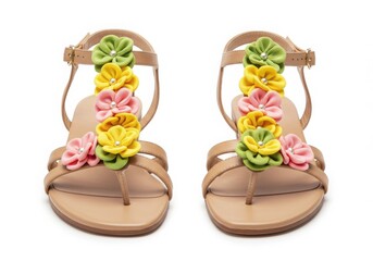 Beige leather sandals with colorful flowers isolated on white background