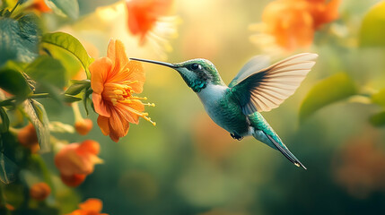 Fototapeta premium A hummingbird feeds on a vibrant orange flower.