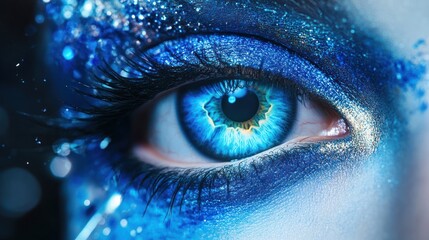 Obraz premium A beautiful blue eye with glamorous sparkling eyeshadow makeup details
