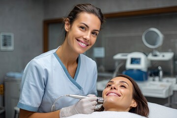Young female cosmetologist performing facial moisturizing procedure on young female patient