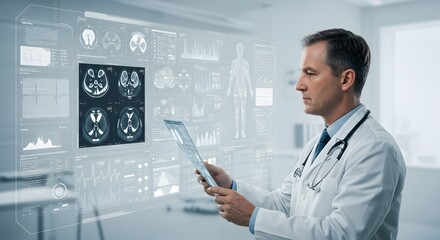Digital Diagnosis: A focused medical professional utilizes cutting-edge digital technology, analyzing intricate medical scans and data to advance diagnosis.