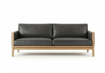 Modern dark leather sofa oak frame isolated on white background