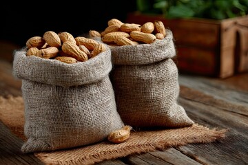 Two rustic burlap sacks filled with fresh peanuts for a delicious healthy snack