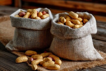 Two rustic burlap sacks filled with fresh peanuts for a delicious healthy snack