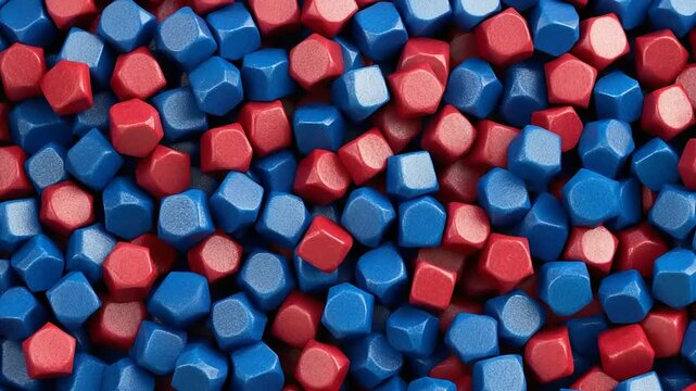 Geometric shapes in red and blue.