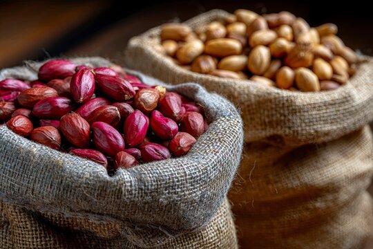 Two rustic burlap sacks filled with fresh peanuts for a delicious healthy snack