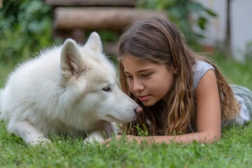 White husky is sniffing at young girl, lying on the grass 