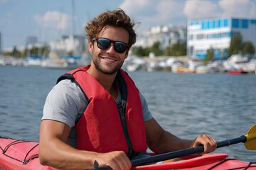Handsome young man in nautical vest smiling while sailing